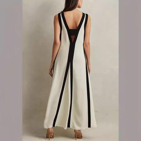 Women's 2025 Summer Sexy Maxi Dress Sleeveless V Neck Color Contrast Hollow Swing Cocktail Party Holiday Dresses in Kuwait