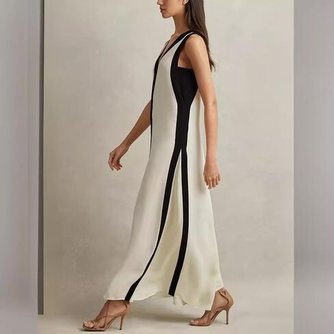 Women's 2025 Summer Sexy Maxi Dress Sleeveless V Neck Color Contrast Hollow Swing Cocktail Party Holiday Dresses in Kuwait