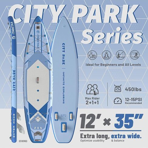 City Park 12'×35" Extra Wide Paddle Board with Seat, One-Stop Premium SUP Board Gears, Tailored 5 Fins, Stable Inflatable Stand Up Paddle Boards for Youth/Adults of All Levels in Kuwait