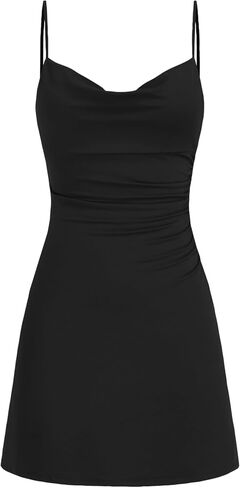 CIDER Womens Cowl Neck Ruched Lace Back Sleeveless Dresses Spaghetti Strap A Line Semi Formal Party Club Dress in Saudi Arabia