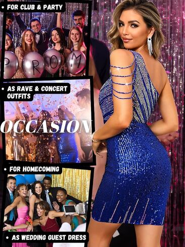 Kaei&Shi Sparkly Sequin Dress,Elegant One Shoulder Short Cocktail Dresses for Women,Formal Homecoming Birthday Outfit in Saudi Arabia