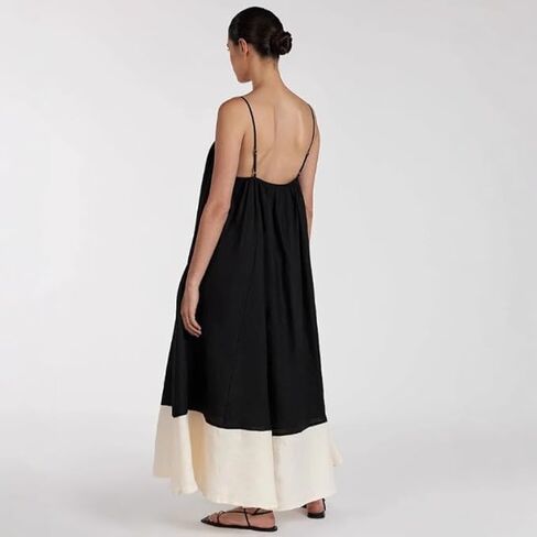 Women's 2025 Summer Sexy Maxi Dress Sleeveless V Neck Color Contrast Hollow Swing Cocktail Party Holiday Dresses in Saudi Arabia