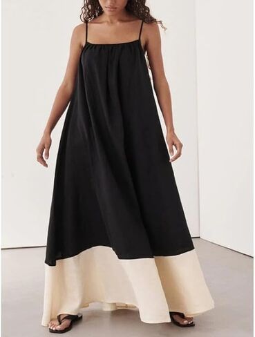 Women's 2025 Summer Sexy Maxi Dress Sleeveless V Neck Color Contrast Hollow Swing Cocktail Party Holiday Dresses in Saudi Arabia