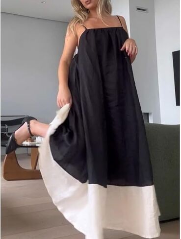 Women's 2025 Summer Sexy Maxi Dress Sleeveless V Neck Color Contrast Hollow Swing Cocktail Party Holiday Dresses in Saudi Arabia