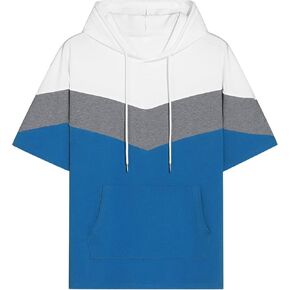 Mens Short Sleeve Hoodie Soft Cotton Color Block T-Shirt Pullover Big Pocket Half Sleeve Summer Sweatshirt in Saudi Arabia