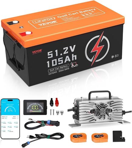 VEVOR 48V 105Ah Golf Cart Lithium Battery, 48 Volt Golf Cart Battery with 200A BMS, LCD Monitor and Mobile APP, LiFePO4 Battery with 600A Peak Current, 20A Charger and 4000+ Cycles, for Golf Carts in Saudi Arabia