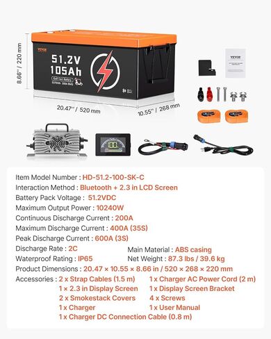 VEVOR 48V 105Ah Golf Cart Lithium Battery, 48 Volt Golf Cart Battery with 200A BMS, LCD Monitor and Mobile APP, LiFePO4 Battery with 600A Peak Current, 20A Charger and 4000+ Cycles, for Golf Carts in Saudi Arabia
