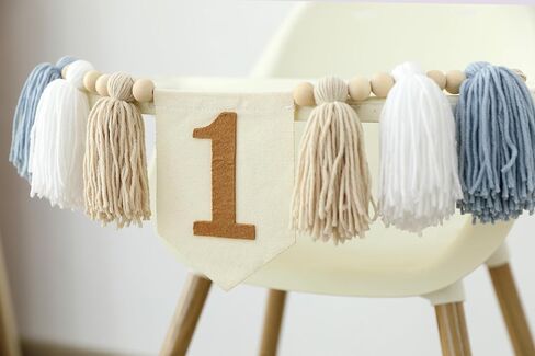 مصنوعة يدويًا بوهو الأول عيد ميلاد عالي كرسي زخرفة حفلة للفتاة للفتاة استحمام الأزرق والأبيض جدار شنقا تزيين للأطفال in Kuwait