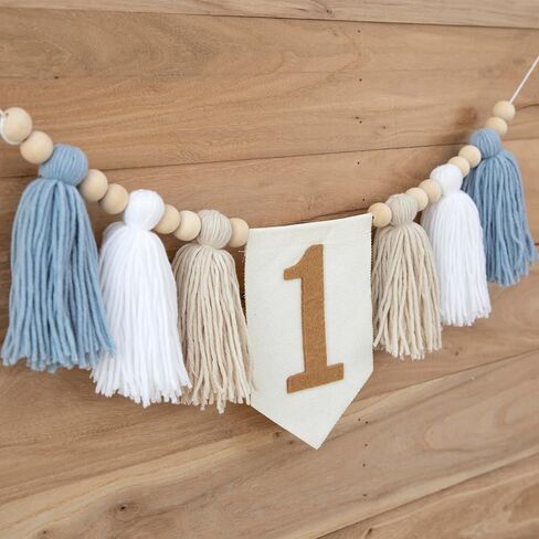 مصنوعة يدويًا بوهو الأول عيد ميلاد عالي كرسي زخرفة حفلة للفتاة للفتاة استحمام الأزرق والأبيض جدار شنقا تزيين للأطفال in Kuwait