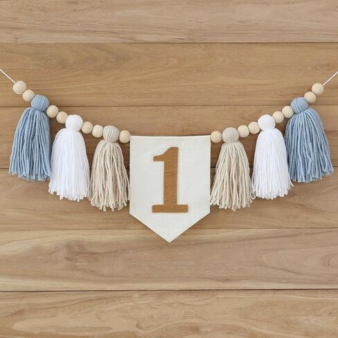 مصنوعة يدويًا بوهو الأول عيد ميلاد عالي كرسي زخرفة حفلة للفتاة للفتاة استحمام الأزرق والأبيض جدار شنقا تزيين للأطفال in Kuwait