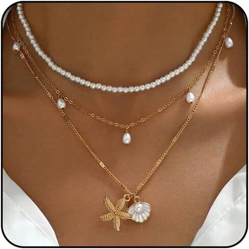 Starfish Necklace Gold Beach Jewelry for Women Pearl Seashell Necklace Cowrie Shell Beach Necklaces Ocean Summer Starfish Jewelry in Saudi Arabia