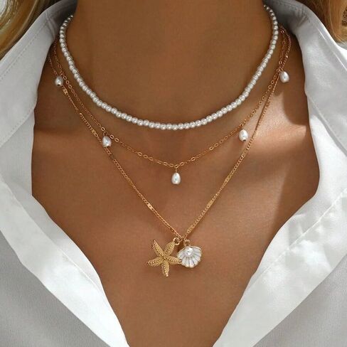 Starfish Necklace Gold Beach Jewelry for Women Pearl Seashell Necklace Cowrie Shell Beach Necklaces Ocean Summer Starfish Jewelry in Saudi Arabia