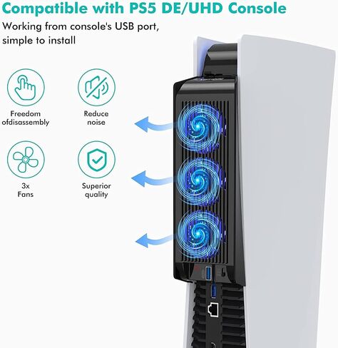 مروحة تبريد لملحقات PS5، مروحة تبريد هادئة مطورة من KIWIHOME مع سرعة تلقائية، ومنفذ LED ووحدة تحكم USB لقرص PS5/الإصدار الرقمي 2020، وليس لجهاز PS5 Slim وPS5 Pro الجديد in Kuwait