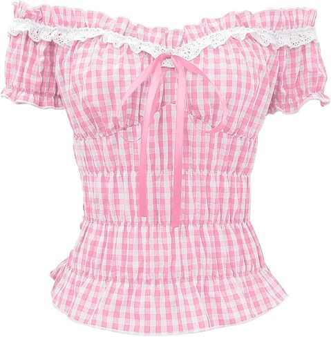 WDIRARA Women's Gingham Plaid Off Shoulder Peplum Top Ruffle Trim Crop Tops in Saudi Arabia