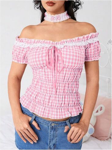 WDIRARA Women's Gingham Plaid Off Shoulder Peplum Top Ruffle Trim Crop Tops in Saudi Arabia
