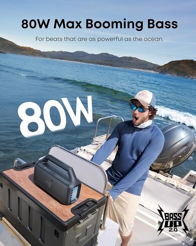 soundcore Boom 2 By Anker, Outdoor Speaker, 80W, Subwoofer, BassUp 2.0, 24H Playtime, IPX7 Waterproof, Floatable, RGB Lights, USB-C, Custom EQ, Bluetooth 5.3, Portable for Camping, Beach, and Backyard in Kuwait