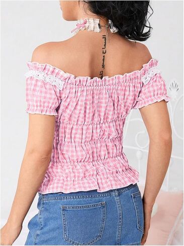 WDIRARA Women's Gingham Plaid Off Shoulder Peplum Top Ruffle Trim Crop Tops in Saudi Arabia