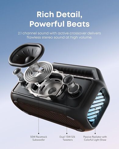 soundcore Boom 2 By Anker, Outdoor Speaker, 80W, Subwoofer, BassUp 2.0, 24H Playtime, IPX7 Waterproof, Floatable, RGB Lights, USB-C, Custom EQ, Bluetooth 5.3, Portable for Camping, Beach, and Backyard in Kuwait