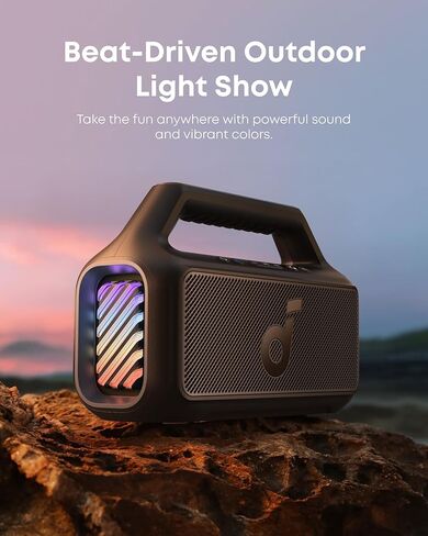 soundcore Boom 2 By Anker, Outdoor Speaker, 80W, Subwoofer, BassUp 2.0, 24H Playtime, IPX7 Waterproof, Floatable, RGB Lights, USB-C, Custom EQ, Bluetooth 5.3, Portable for Camping, Beach, and Backyard in Kuwait