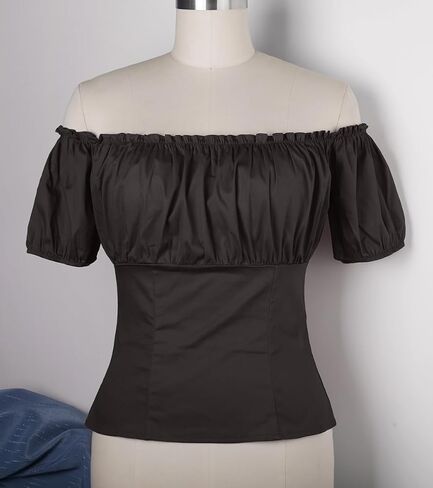 YARN & INK Women's 1950s Vintage Pinup Tops, Back Elastic Waist Cute Rockabilly Off Shoulder Shirt, Short Sleeves Blouse in Saudi Arabia