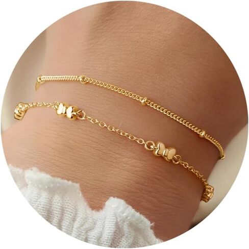 Turandoss Gold Bracelets for Women ، Dainty 14 k Gold Plated Fashion Clover Cross Cross Butterfly Double Bracelets Facelets ، Higds for the wife Mom Mom Teen Girls Jewelry in Saudi Arabia