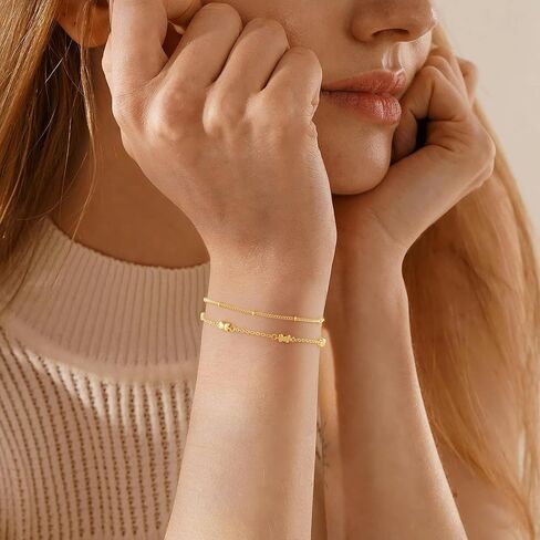 Turandoss Gold Bracelets for Women ، Dainty 14 k Gold Plated Fashion Clover Cross Cross Butterfly Double Bracelets Facelets ، Higds for the wife Mom Mom Teen Girls Jewelry in Saudi Arabia