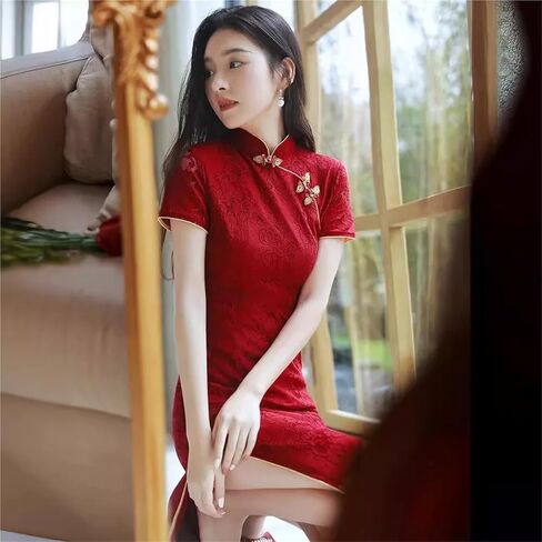 نبيذ أحمر زفاف فستان Cheongsam قصير الأكمام عتيقة النساء الصيف الدانتيل فستان ضئيل مناسبة Qipao in Saudi Arabia