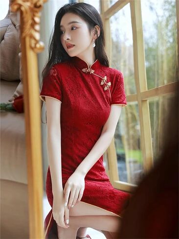 نبيذ أحمر زفاف فستان Cheongsam قصير الأكمام عتيقة النساء الصيف الدانتيل فستان ضئيل مناسبة Qipao in Saudi Arabia