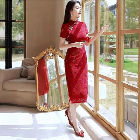 نبيذ أحمر زفاف فستان Cheongsam قصير الأكمام عتيقة النساء الصيف الدانتيل فستان ضئيل مناسبة Qipao in Saudi Arabia