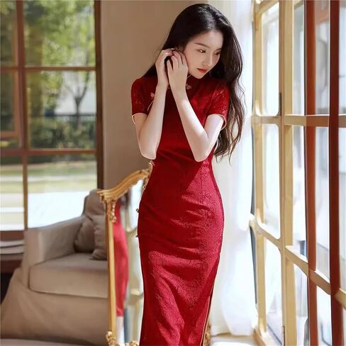 نبيذ أحمر زفاف فستان Cheongsam قصير الأكمام عتيقة النساء الصيف الدانتيل فستان ضئيل مناسبة Qipao in Saudi Arabia