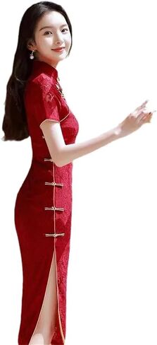 نبيذ أحمر زفاف فستان Cheongsam قصير الأكمام عتيقة النساء الصيف الدانتيل فستان ضئيل مناسبة Qipao in Saudi Arabia