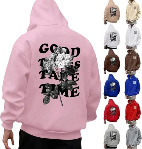 Hoodie الرسومية للرجال أشياء جيدة خذ وقتًا ومضحكًا رمز QR Print Drop على الكتف مريح من النوع الثقيل. in Saudi Arabia