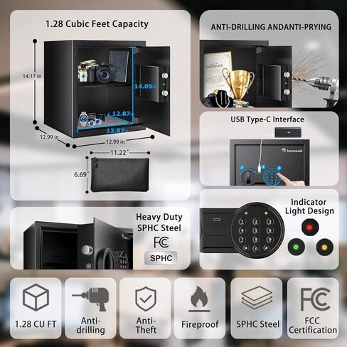Bonsaii 1.28 FET FET Security Safe Box - قفل لوحة مفاتيح رقمية ، رف قابل للإزالة ، مثالي لتخزين المستندات والمال والطب والآلات الثمينة في المنزل in Kuwait