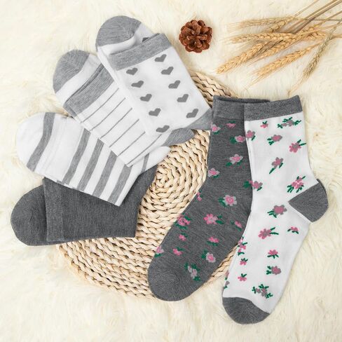 6 Pairs Cotton Crew Socks for Women, Breathable Novelty Funny Striped Dot Casual Cute Calf Socks Size 6-12 in Kuwait
