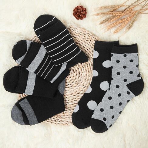 6 Pairs Cotton Crew Socks for Women, Breathable Novelty Funny Striped Dot Casual Cute Calf Socks Size 6-12 in Kuwait