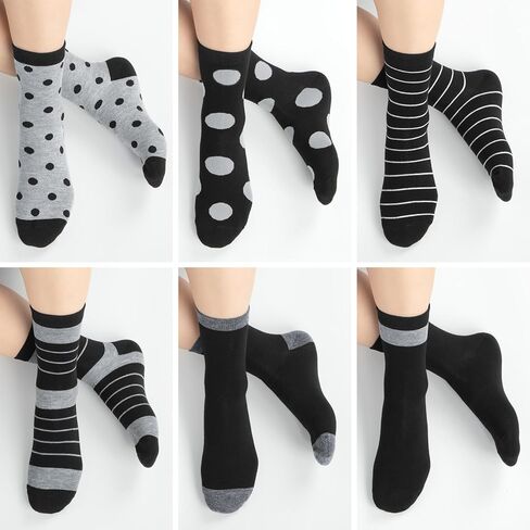 6 Pairs Cotton Crew Socks for Women, Breathable Novelty Funny Striped Dot Casual Cute Calf Socks Size 6-12 in Kuwait