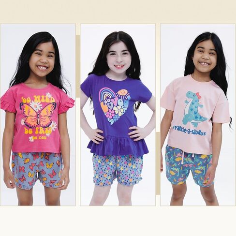 Girls Short Sleeve T-Shirt and Chambray Shorts 2 Piece Outfit Set Toddler to Big Kid Sizes (2T - 14-16) in Kuwait