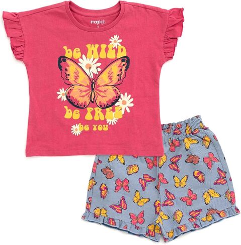 Girls Short Sleeve T-Shirt and Chambray Shorts 2 Piece Outfit Set Toddler to Big Kid Sizes (2T - 14-16) in Kuwait