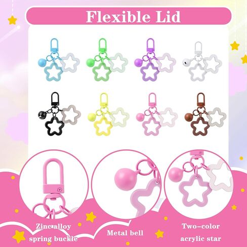 8 Pcs Colorful Star Keychain Set, Cute Star Pendant Keyring Acrylic Pentagram Key Chain with Bell Charms Purse Bag Charm Clips for Women Men Car Keys Purse Decorations in Saudi Arabia