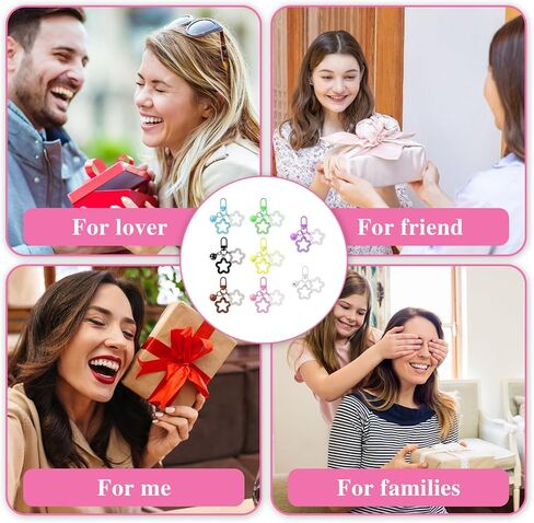 8 Pcs Colorful Star Keychain Set, Cute Star Pendant Keyring Acrylic Pentagram Key Chain with Bell Charms Purse Bag Charm Clips for Women Men Car Keys Purse Decorations in Saudi Arabia