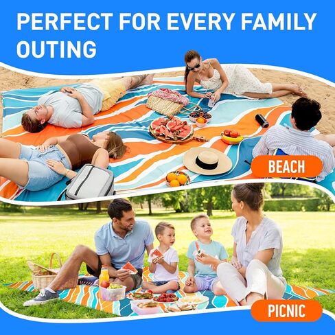 Everlasting Comfort Beach Blanket Waterproof Sandproof - Large Oversized Beach Mat for 10 People w/Stakes, Storage Bag - Beach Accessories for Family, Picnic, Concert, Travel in Kuwait