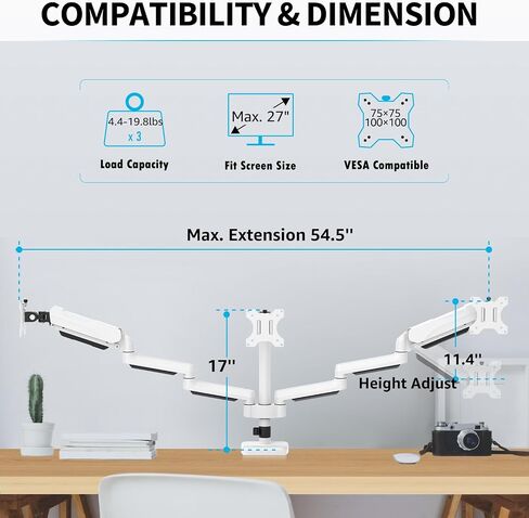 MOUNTUP Triple Monitor Stand Mount - 3 Monitor Desk Mount for Computer Screens Up to 27 inch, Triple Monitor Arm with Gas Spring, Heavy Duty Monitor Stand, Each Arm Holds Up to 19.8 lbs, MU0006 in Kuwait