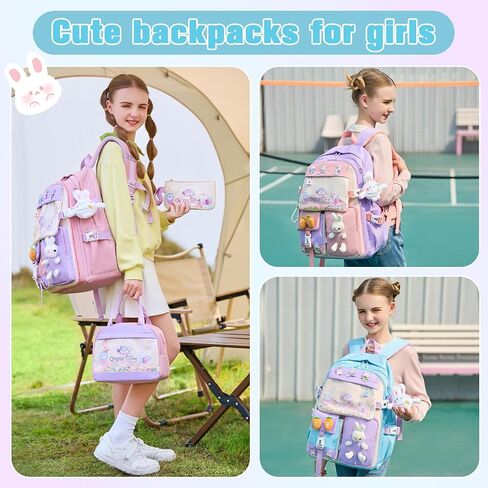 Backpack for Girls Cute Bookbag Set with Lunch Box Pencil Case Kawaii Bunny School Backpacks for Girl 3 Pcs Kindergarten Elementary Preschool Middle Sequin School Bag for Girls (Pink) in Saudi Arabia