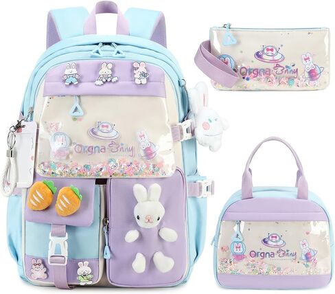 Backpack for Girls Cute Bookbag Set with Lunch Box Pencil Case Kawaii Bunny School Backpacks for Girl 3 Pcs Kindergarten Elementary Preschool Middle Sequin School Bag for Girls (Pink) in Saudi Arabia