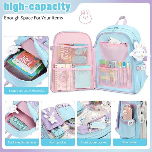 Backpack for Girls Cute Bookbag Set with Lunch Box Pencil Case Kawaii Bunny School Backpacks for Girl 3 Pcs Kindergarten Elementary Preschool Middle Sequin School Bag for Girls (Pink) in Saudi Arabia