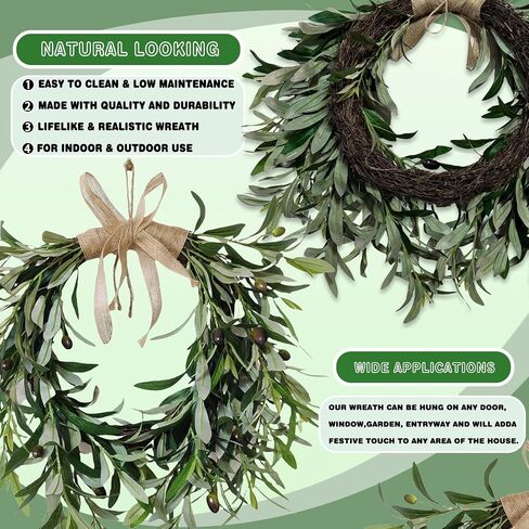 22" Heart Shaped Artificial Olive Leaf Wreath, Green Leaf Olive Fruit Spring Flower Swag， Front Door Wedding Arch Window Wall Hanging Farmhouse Garden Decoratio(1pcs) in Saudi Arabia