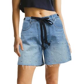 Pearl Beaded Frayed Raw Hem Jean Shorts for Women Drawstring High Waisted Summer Denim Shorts with Pockets in Kuwait