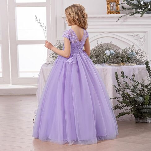 Flower Girl Dress with Bow Tie Pearl Embroidery Lace Tulle Satin Wedding Guest Party Birthday Pageant Gown Kids in Saudi Arabia