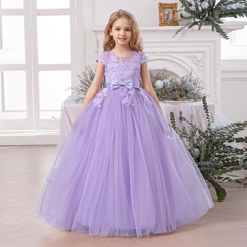 Flower Girl Dress with Bow Tie Pearl Embroidery Lace Tulle Satin Wedding Guest Party Birthday Pageant Gown Kids in Saudi Arabia