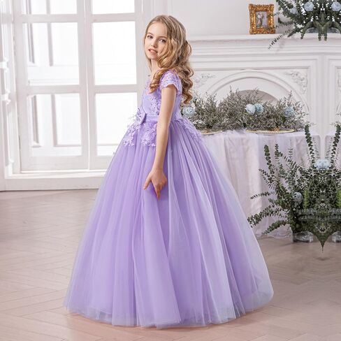 Flower Girl Dress with Bow Tie Pearl Embroidery Lace Tulle Satin Wedding Guest Party Birthday Pageant Gown Kids in Saudi Arabia